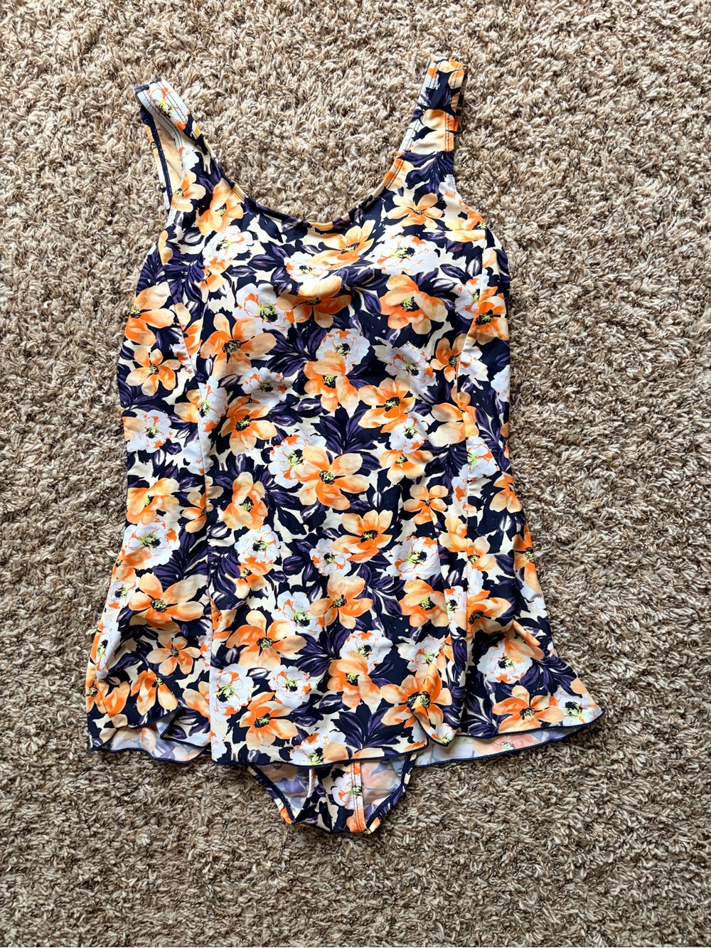 Floral Scoop Neck One-Piece Swimdress in Orange and Navy